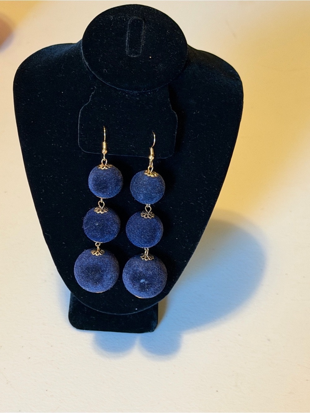 Velvet Navy Blue Ball Drop Dangle Earrings - Navy Blue